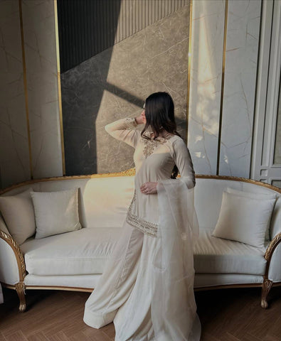 Charming Cream Korean Satin Silk Sharara Suit