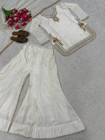 Charming Cream Korean Satin Silk Sharara Suit