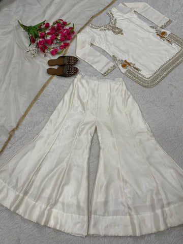 Charming Cream Korean Satin Silk Sharara Suit