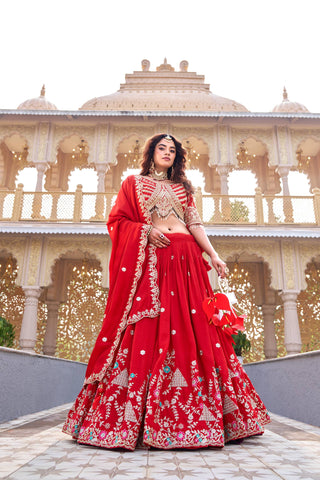 Captivating Red Vichitra Embroidery Lehenga