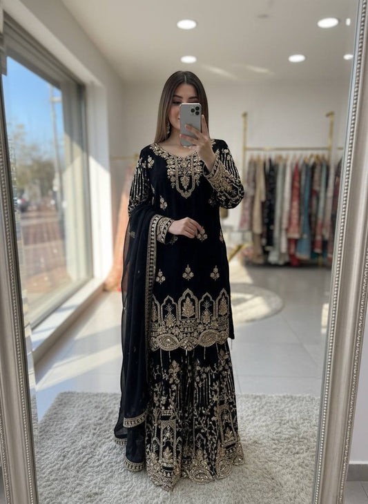 Exclusive White Fox Georgette Embroidered Sharara Suit