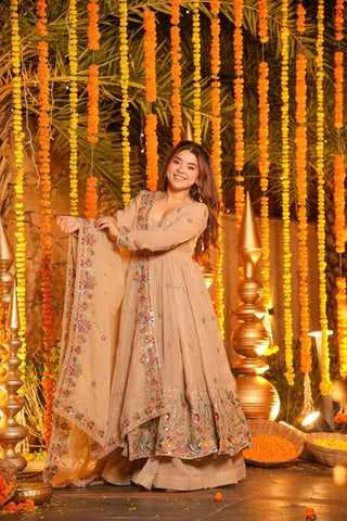Elegant Beige Soft Crunchy Silk with Multi Embroidery Work Gown