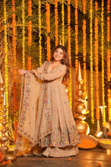 Elegant Beige Soft Crunchy Silk with Multi Embroidery Work Gown