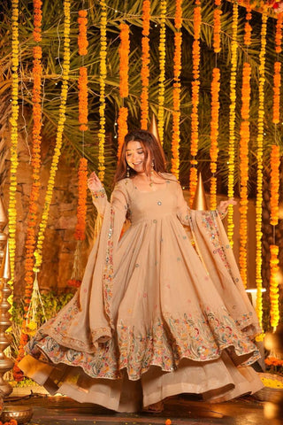 Elegant Beige Soft Crunchy Silk with Multi Embroidery Work Gown