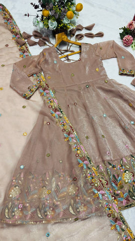 Elegant Beige Soft Crunchy Silk with Multi Embroidery Work Gown