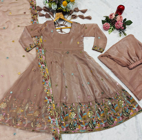 Elegant Beige Soft Crunchy Silk with Multi Embroidery Work Gown