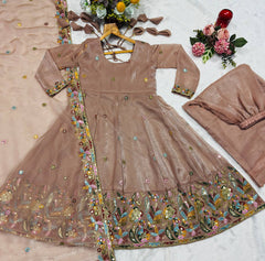 Elegant Beige Soft Crunchy Silk with Multi Embroidery Work Gown