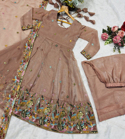 Elegant Beige Soft Crunchy Silk with Multi Embroidery Work Gown
