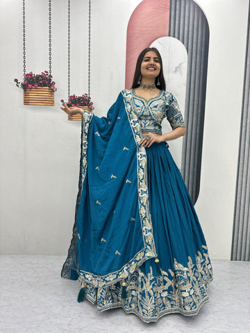 Blue Chinon Heavy Embroidery Lehenga Choli