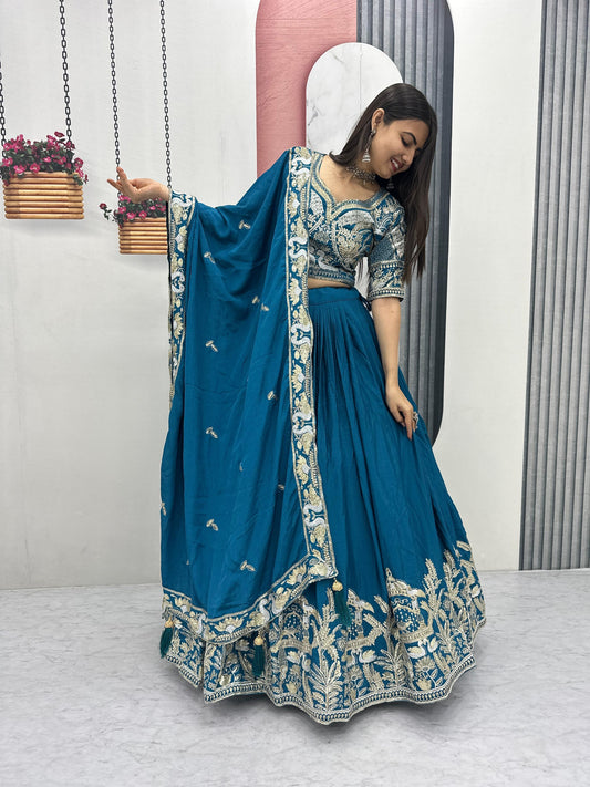 Blue Chinon Heavy Embroidery Lehenga Choli
