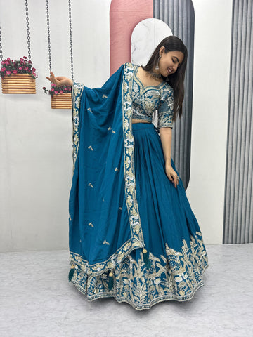 Blue Chinon Heavy Embroidery Lehenga Choli