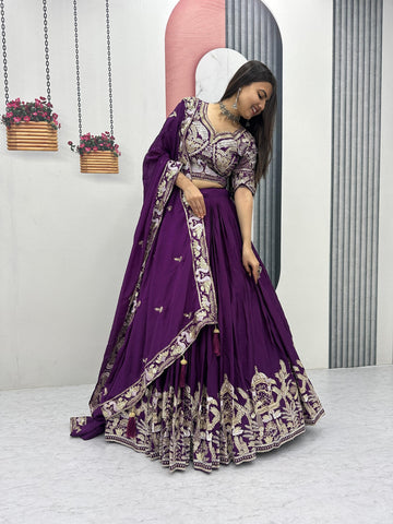 Blue Chinon Heavy Embroidery Lehenga Choli