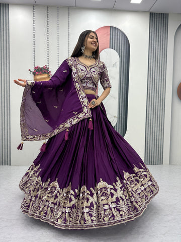 Blue Chinon Heavy Embroidery Lehenga Choli