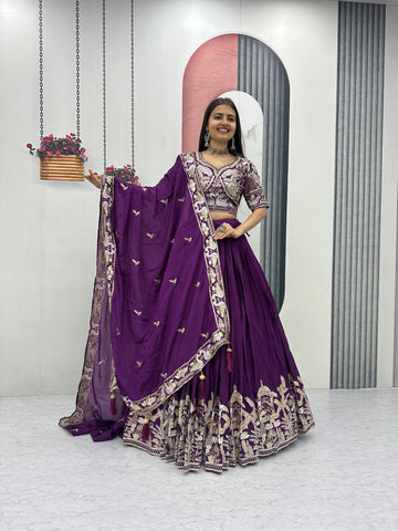 Blue Chinon Heavy Embroidery Lehenga Choli
