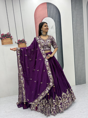 Blue Chinon Heavy Embroidery Lehenga Choli