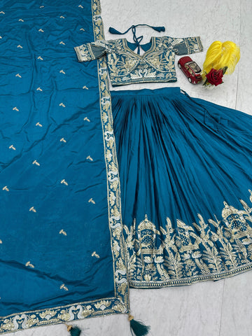 Blue Chinon Heavy Embroidery Lehenga Choli