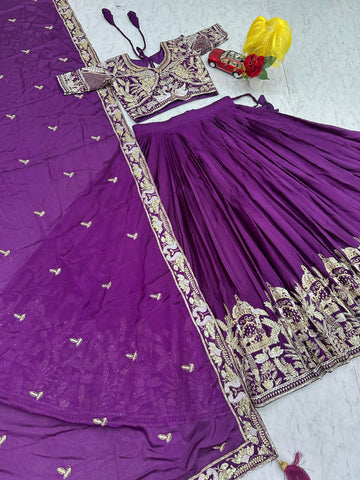 Blue Chinon Heavy Embroidery Lehenga Choli