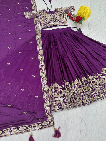 Blue Chinon Heavy Embroidery Lehenga Choli
