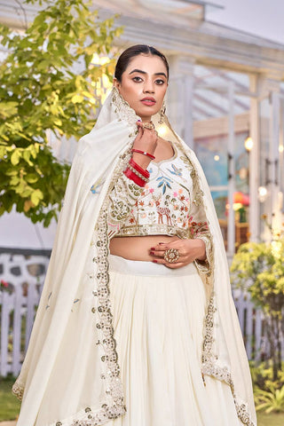 Exclusive White Vichitra Embroidery Sequence Work Lehenga