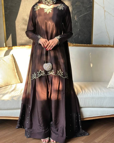 Captivating Brown Heavy Crepe Embroidery Sharara Suit