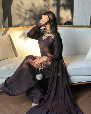 Captivating Brown Heavy Crepe Embroidery Sharara Suit