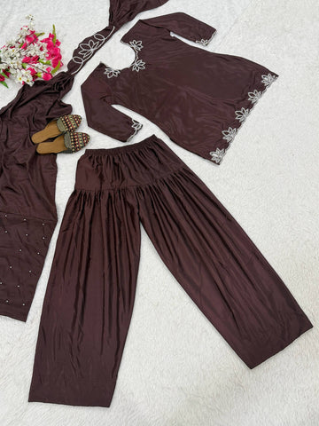 Captivating Brown Heavy Crepe Embroidery Sharara Suit