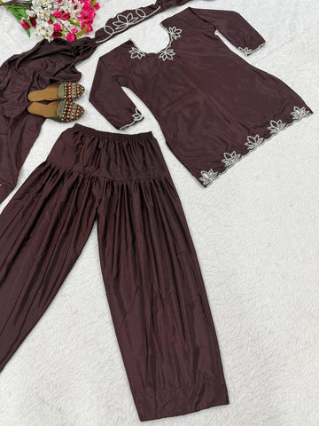 Captivating Brown Heavy Crepe Embroidery Sharara Suit