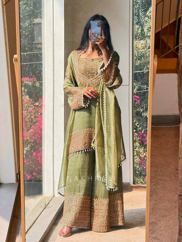 Alluring Pink Heavy Crunchy Silk Thread Work Sharara Suit