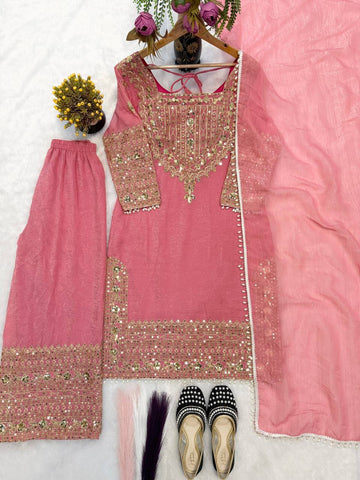 Alluring Pink Heavy Crunchy Silk Thread Work Sharara Suit
