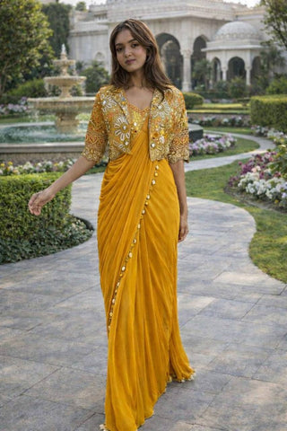 Exclusive Yellow Heavy Crepe Silk Lace Work Saree