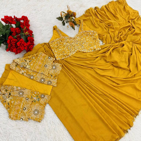 Exclusive Yellow Heavy Crepe Silk Lace Work Saree