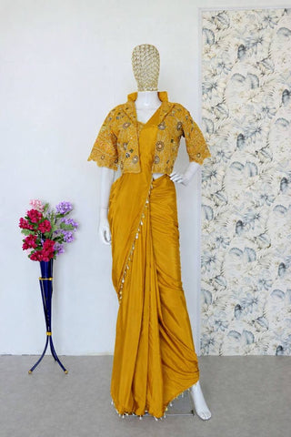 Exclusive Yellow Heavy Crepe Silk Lace Work Saree