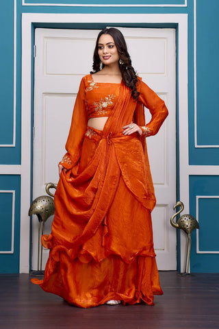Glorious Red Fandy Satin with Embroidery Work Lehenga