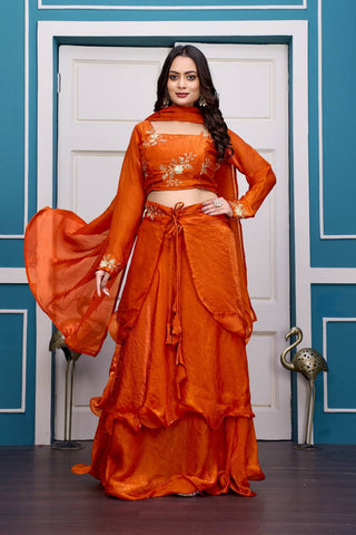 Glorious Red Fandy Satin with Embroidery Work Lehenga
