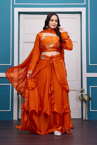 Glorious Red Fandy Satin with Embroidery Work Lehenga