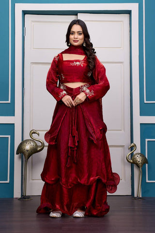 Glorious Red Fandy Satin with Embroidery Work Lehenga
