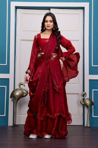 Glorious Red Fandy Satin with Embroidery Work Lehenga