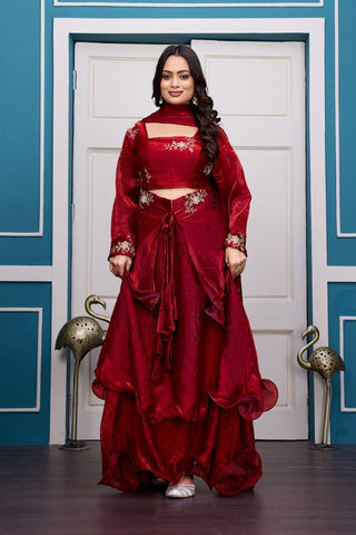 Glorious Red Fandy Satin with Embroidery Work Lehenga