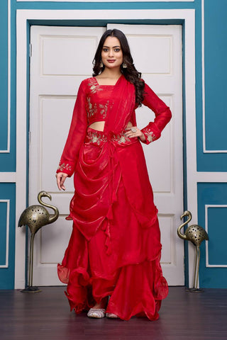 Glorious Red Fandy Satin with Embroidery Work Lehenga