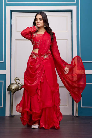 Glorious Red Fandy Satin with Embroidery Work Lehenga