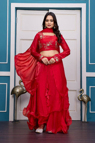 Glorious Red Fandy Satin with Embroidery Work Lehenga
