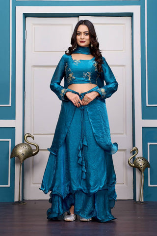 Glorious Red Fandy Satin with Embroidery Work Lehenga