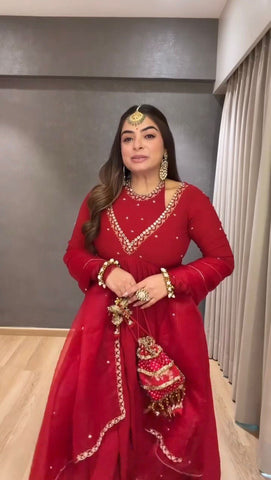 Lovely Red Chinon Silk Thread Work Anarkali Suit