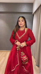 Lovely Red Chinon Silk Thread Work Anarkali Suit