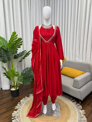 Lovely Red Chinon Silk Thread Work Anarkali Suit