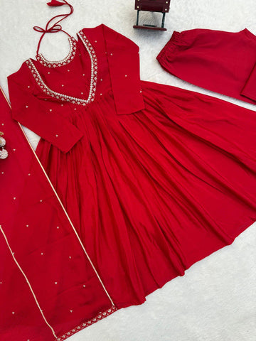 Lovely Red Chinon Silk Thread Work Anarkali Suit