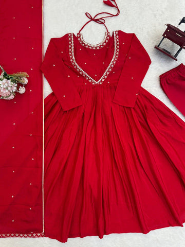 Lovely Red Chinon Silk Thread Work Anarkali Suit