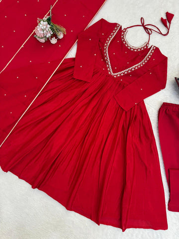 Lovely Red Chinon Silk Thread Work Anarkali Suit