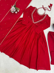 Lovely Red Chinon Silk Thread Work Anarkali Suit