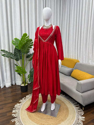 Lovely Red Chinon Silk Thread Work Anarkali Suit